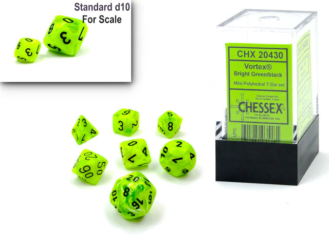 Chessex - Mini 7 Dice Polyhedral Set – Vortex® Bright Green/black