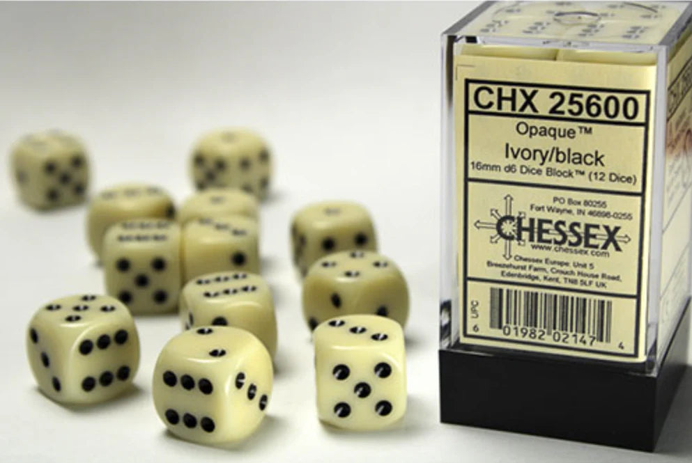 Chessex - Opaque 16mm D6 Dice Block - Ivory/black