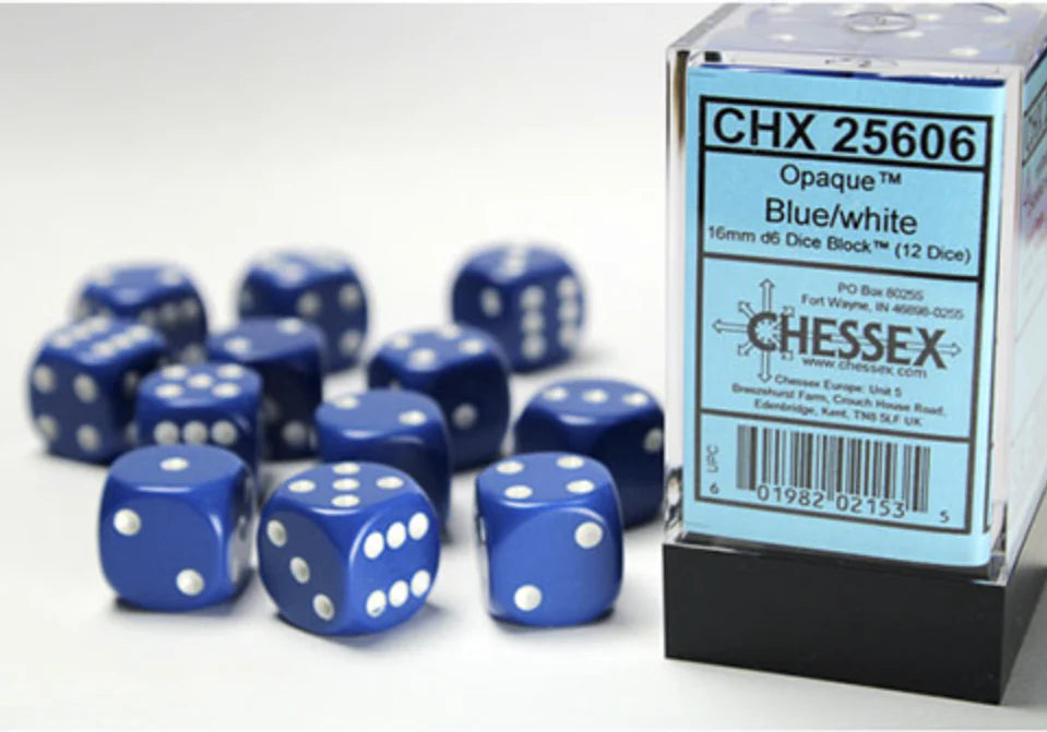 Chessex - Opaque 16mm D6 Dice Block - Blue w/White