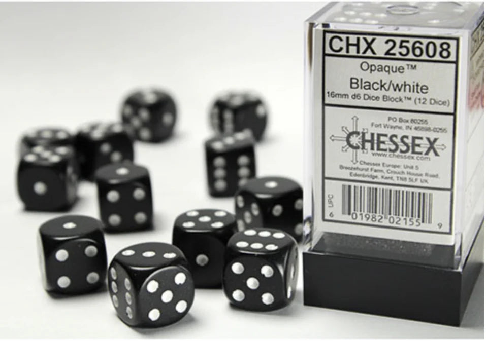 Chessex - Opaque 16mm D6 Dice Block - Black w/White