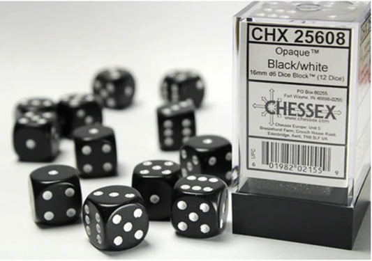 Chessex - Opaque 16mm D6 Dice Block - Black w/White